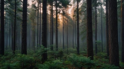 Fototapeta premium Misty Sunrise in Pine Forest