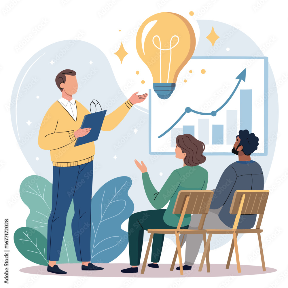 Poster vector art of a business presentation with a speaker presenting a graph and a light bulb idea to an 