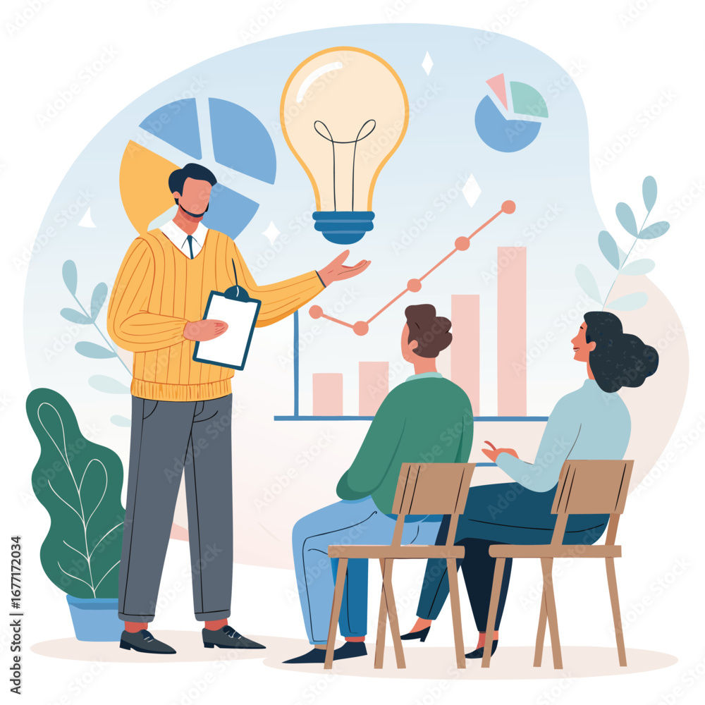 Poster vector art of a business presentation featuring a speaker presenting charts and a light bulb idea to