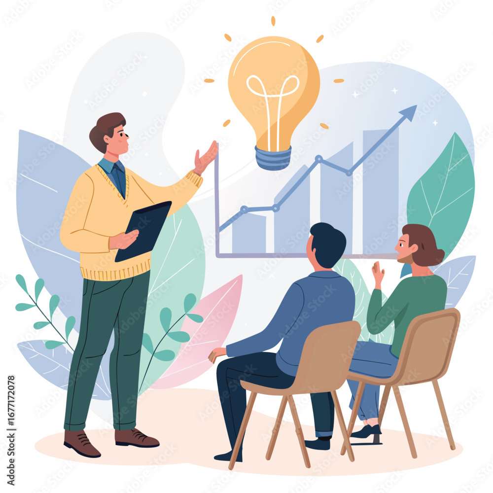 Poster vector art of a business presentation with a speaker presenting a graph and a lightbulb idea to an a