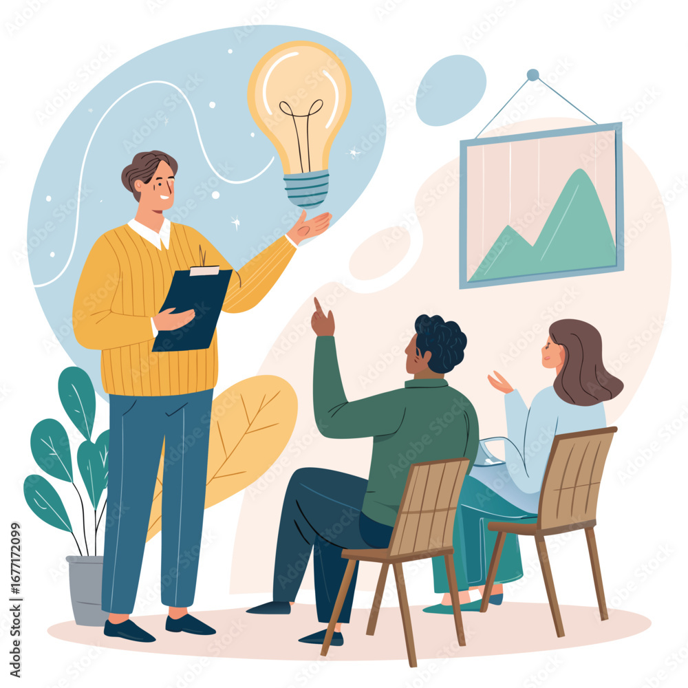 Poster vector art of a business presentation with a speaker presenting a graph and a light bulb idea to an 