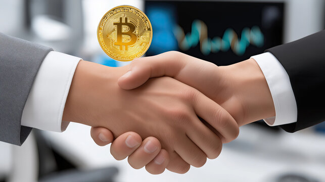 Handshake symbolizing partnership in cryptocurrency, featuring Bitcoin coin, representing digital finance and investment opportunities - Powered by Adobe