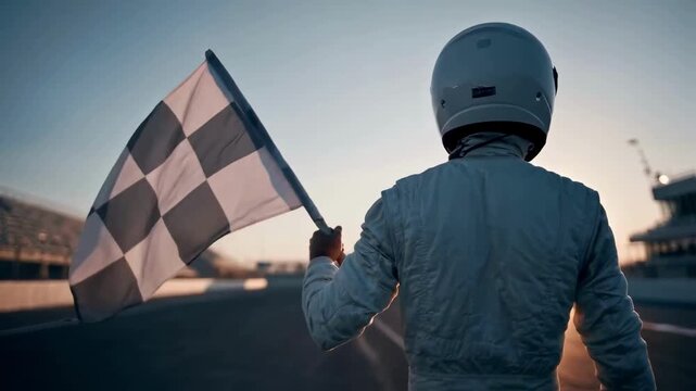 A race car driver in a white suit and helmet walks on a racetrack at sunset, holding a checkered flag, symbolizing victory, championship, and a successful race completion