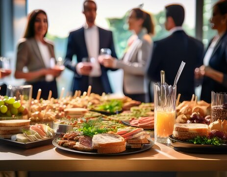 delicious catering spread at a corporate office party sandwiches appetizers and drinks are arranged on a table surrounded by blurred out colleagues enjoying the event