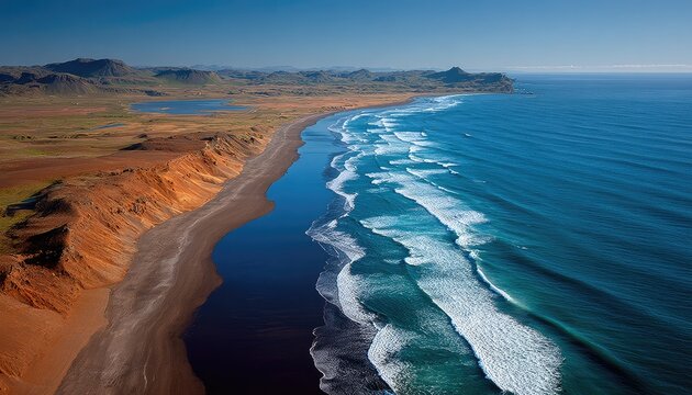 Coastal panorama, dramatic waves, dark sand beach