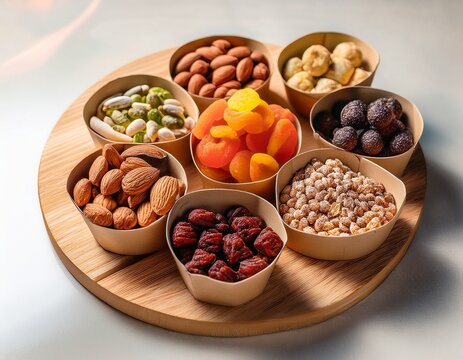 assorted healthy snacks displayed in eco friendly packaging featuring a variety of nuts dried fruits and energy balls showcasing vibrant colors and textures for nutritious choices