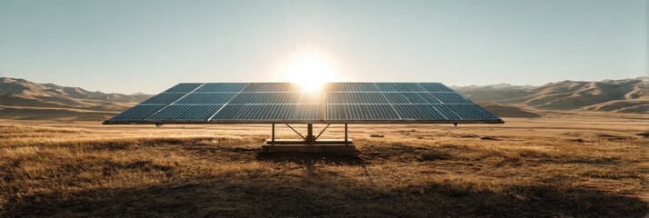 A large solar panel array sits on a metal stand in a dry, open field, with mountains in the background under a clear, sunny sky