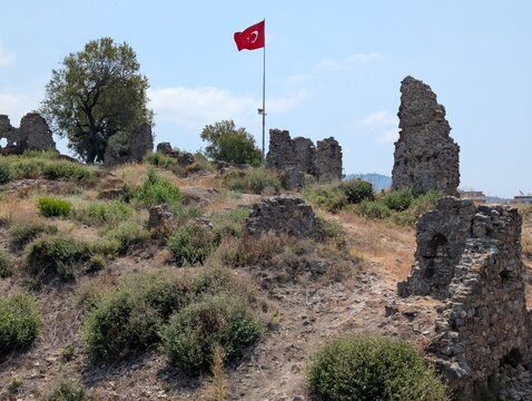 Naula Roman ruins near Alanya, Antalya, Turkey showing modern hotels in the background