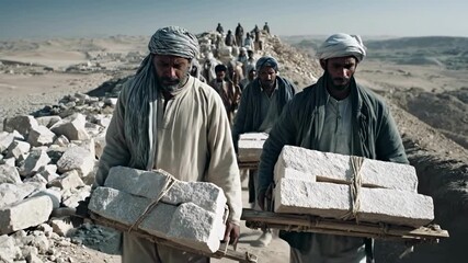 A group of workers in ancient clothing carries heavy stone blocks in a desert landscape, representing the construction of historical monuments and the concept of forced labor