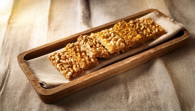 honey snack bar on linen cloth in wooden tray with soft light