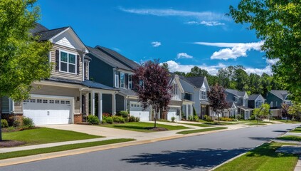 Suburban street lined with homes under a bright sky