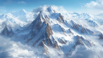 Naklejka premium A stunning view of snow-capped mountains rising above the clouds, showcasing majestic peaks under a clear blue sky.