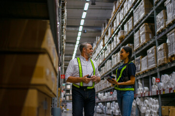 Logistics employees are working warehouse.