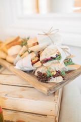 Gourmet Sandwiches on Wooden Tray