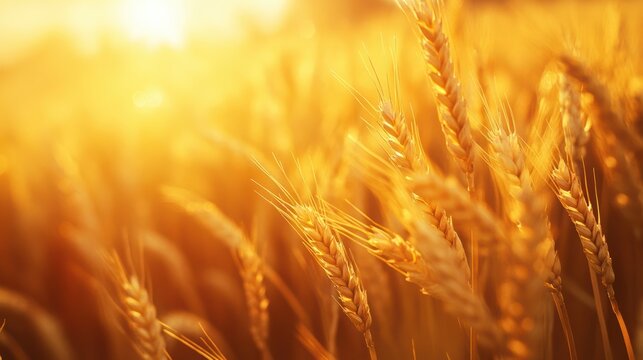 A golden field of wheat sways gently in the breeze, illuminated by the warm glow of sunlight, creating a serene and tranquil atmosphere.