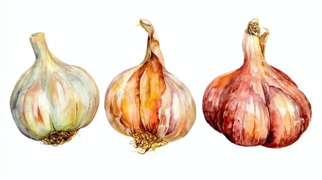 Three watercolor illustrations of different types of onions, showcasing their unique shapes and colors