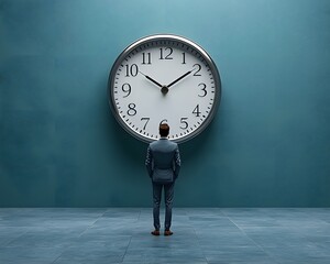 Businessman facing a giant ticking clock symbolizing work pressure and deadlines
