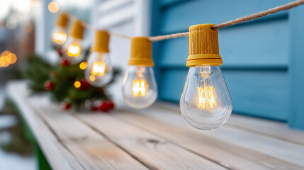 Close Up Of Glowing Yellow String Lights On A Wooden Surface With Blurred Background