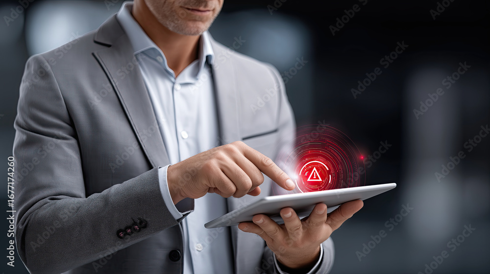 Poster businessman interacts with tablet displaying warning symbol, conveying urgency and alertness in mode