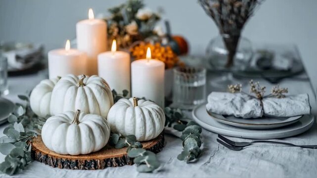 An elegant table setting features white pumpkins on a wood slice, surrounded by lit candles and eucalyptus for a cozy autumn or winter holiday, a concept of rustic home decor