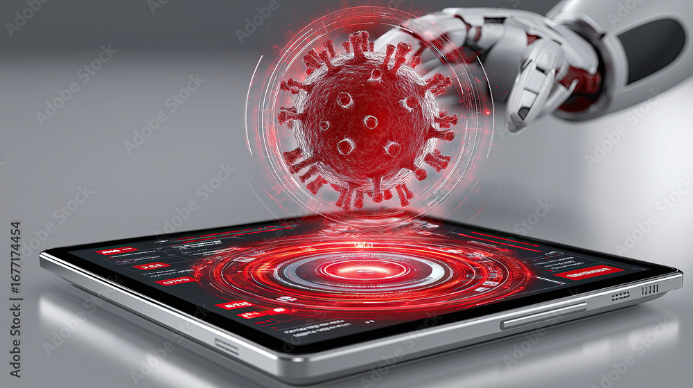 Poster robotic hand interacts with digital tablet displaying 3d virus model, symbolizing technology and hea