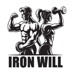 Obraz premium Fitness Logo Design – Gym Silhouette of Man and Woman Training with Dumbbells – Bodybuilding and Workout Icon Vector