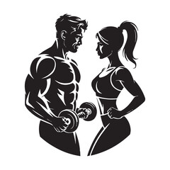Fitness Logo Design – Gym Silhouette of Man and Woman Training with Dumbbells – Bodybuilding and Workout Icon Vector