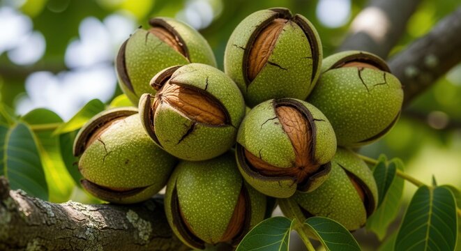 Close-up of ripening walnuts on a branch showcasing the transition to harvest