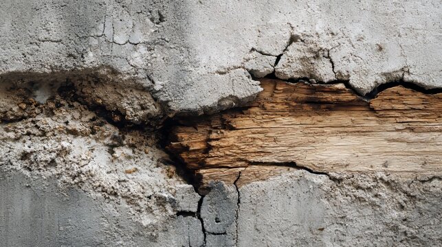 Cracked Old Wall Texture with Exposed Wood Showing Natural Decay and Weathering