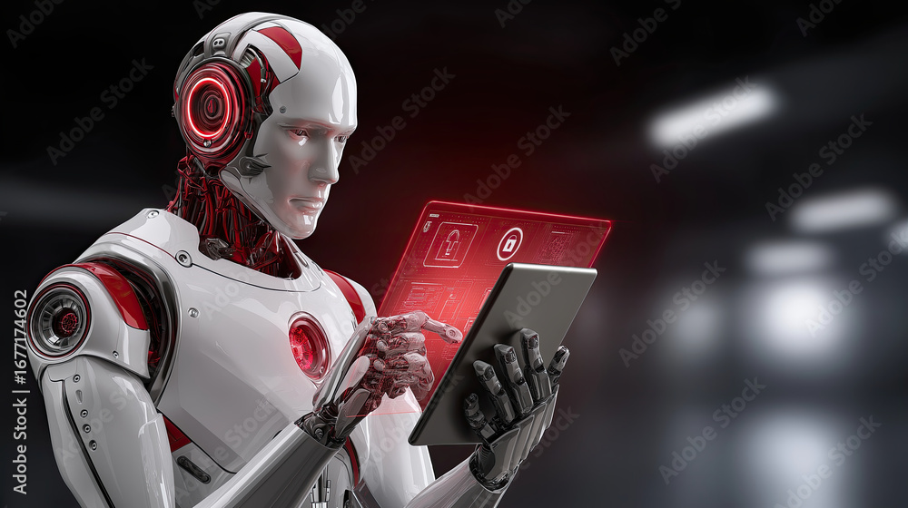 Poster futuristic robot interacts with digital tablet, showcasing advanced technology and security features