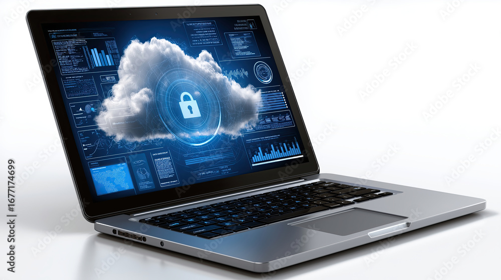 Poster secure cloud computing concept displayed on laptop screen, showcasing data protection and technology