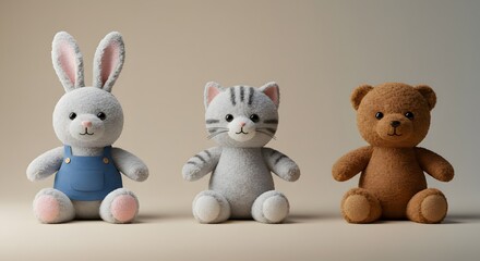 a rabbit, a cat and a teddy bear sitting
