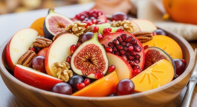 Delicious autumn fruit salad with figs, pomegranate, apple, grapes and nuts beautifully arranged