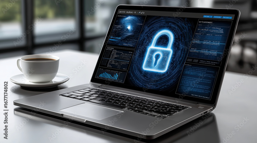Poster laptop displaying digital security interface with lock symbol, symbolizing cybersecurity and data pr