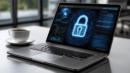 Laptop displaying digital security interface with lock symbol, symbolizing cybersecurity and data protection, next to cup of coffee