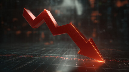 bold red downward sloping arrow on dark grid background with subtle data points dramatic glow financial crisis concept illustration concept scene visual for commercial design use high detail quality