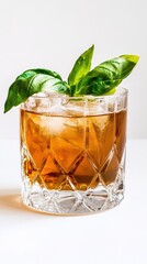 Brown Cocktail With Ice Cube And Basil Leaf: Exquisite Mixology And Beverage Art