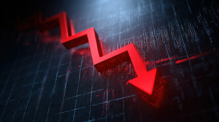 bold red downward sloping arrow on dark grid background with subtle data points dramatic glow financial crisis concept illustration concept scene visual for commercial design use high detail quality