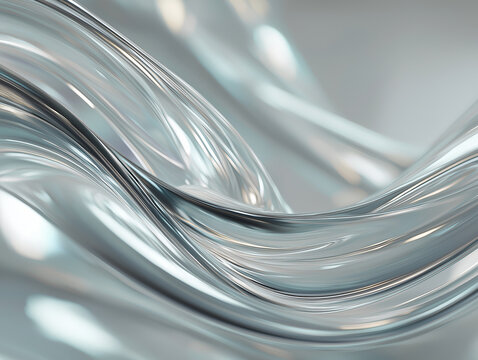 Glass-like fluid folds with silver highlights, abstract design resembling liquid silk, photographed in a bright architectural gallery with soft glowing light, full HD, highly detailed"