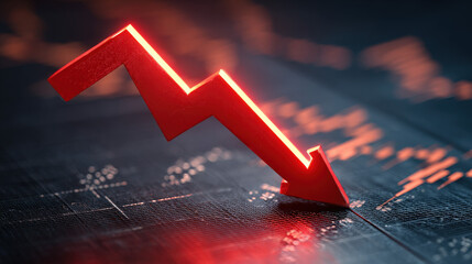 bold red downward sloping arrow on dark grid background with subtle data points dramatic glow financial crisis concept illustration concept scene visual for commercial design use high detail quality