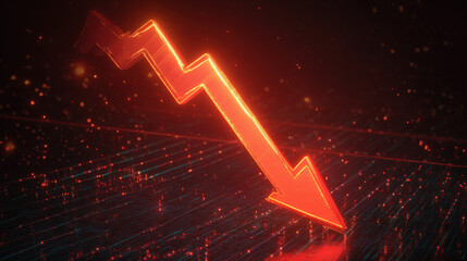 bold red downward sloping arrow on dark grid background with subtle data points dramatic glow financial crisis concept illustration concept scene visual for commercial design use high detail quality