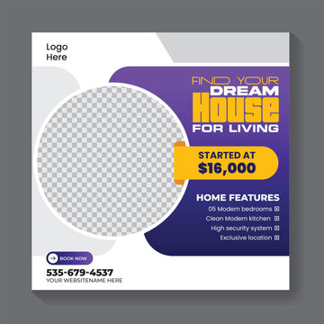 Modern real estate social media post design template, square template