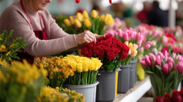A florist arranging colorful bouquets at an open-air flower market stall in Riga - Powered by Adobe