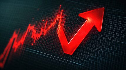 bold red downward sloping arrow on dark grid background with subtle data points dramatic glow financial crisis concept illustration concept scene visual for commercial design use high detail quality