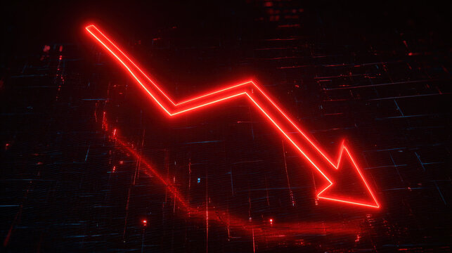 bold red downward sloping arrow on dark grid background with subtle data points dramatic glow financial crisis concept illustration concept scene visual for commercial design use high detail quality