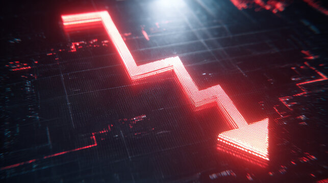 bold red downward sloping arrow on dark grid background with subtle data points dramatic glow financial crisis concept illustration concept scene visual for commercial design use high detail quality