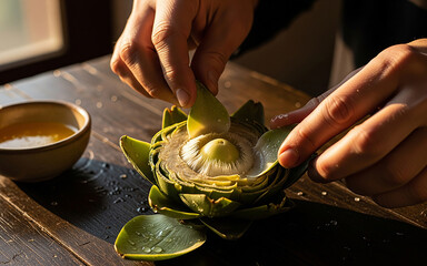 A person's hands prepare a fresh artichoke, squeezing lemon juice over the heart, a classic step in cooking this gourmet vegetable.