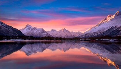 Fototapeta premium breathtaking reflection of a colorful sky on still water framed by majestic snow dusted mountains at dawn