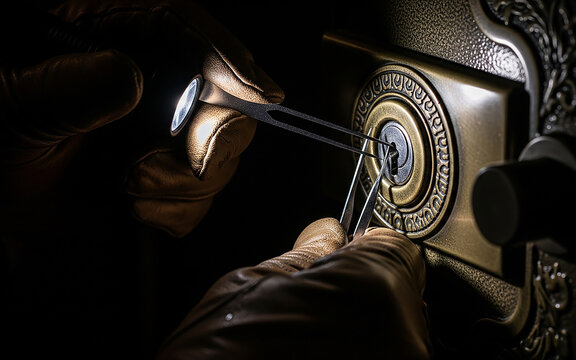 A close-up of a gloved hand using lock-picking tools to skillfully open an ornate, vintage lock in the dark, a tense and mysterious scene.