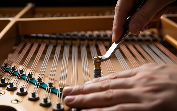 A close-up of a piano tuner's hands using a specialized tuning hammer to precisely adjust the tension of the strings inside a grand piano.